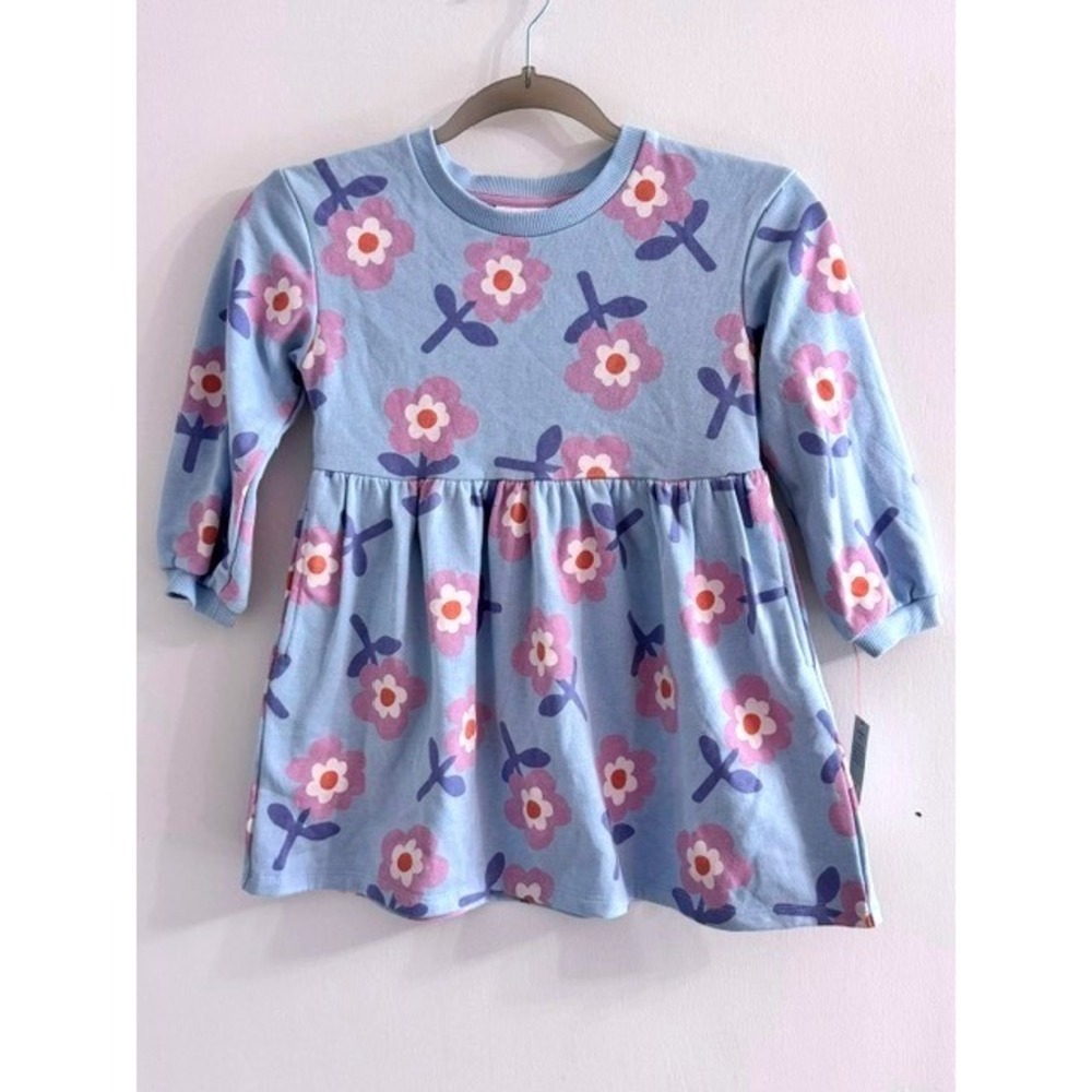 Cat & Jack Girls Blue Floral Long Sleeve Knit Dress Pockets 4T NWT